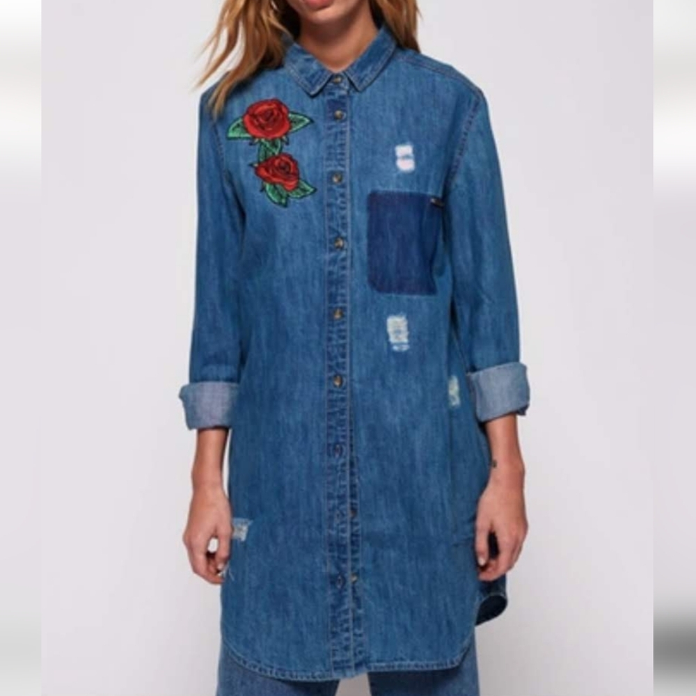 Superdry Embellished Denim Shirt Dress with Rose Appliqué